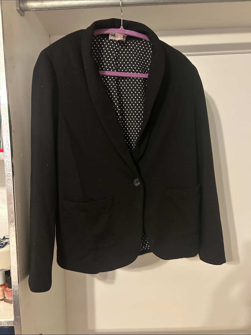 Chico's Black Women's Single-Button Blazer sweater with Polka Dot Lining size 1